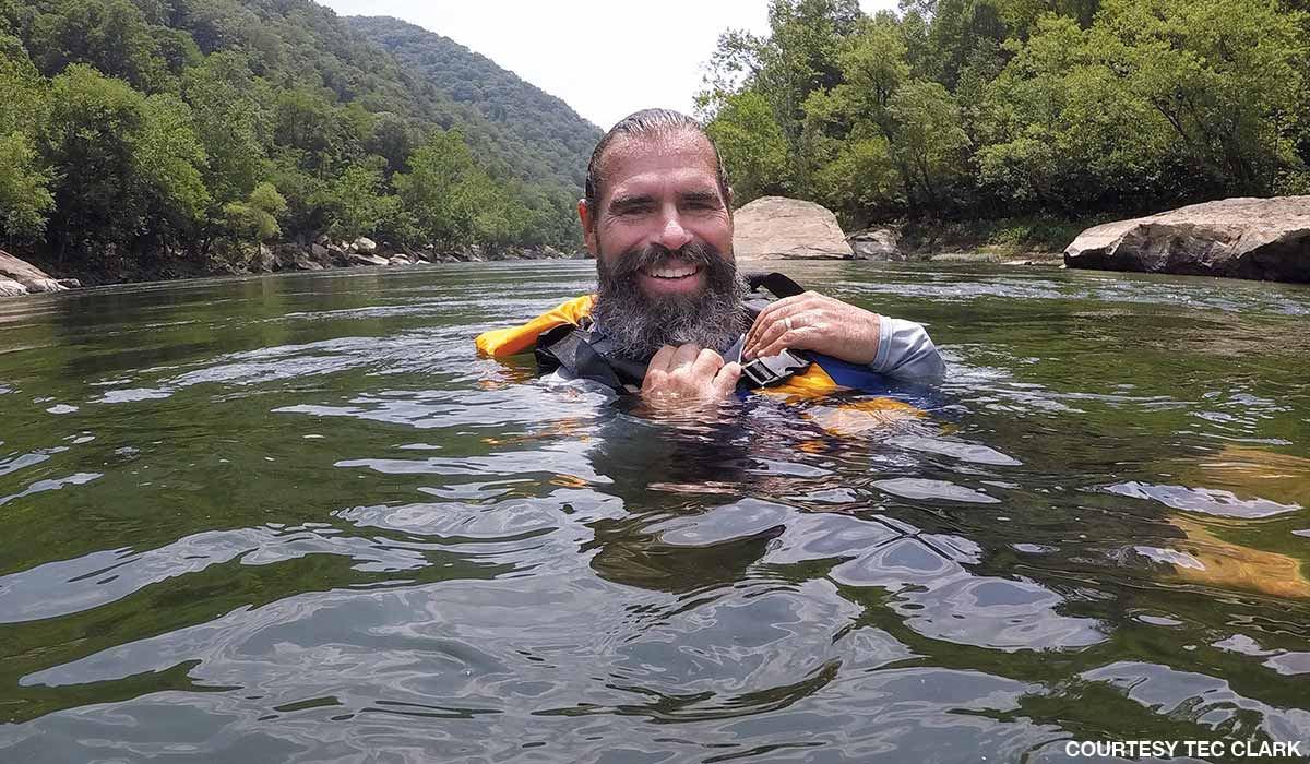 Clark floats down the New River in West Virginia