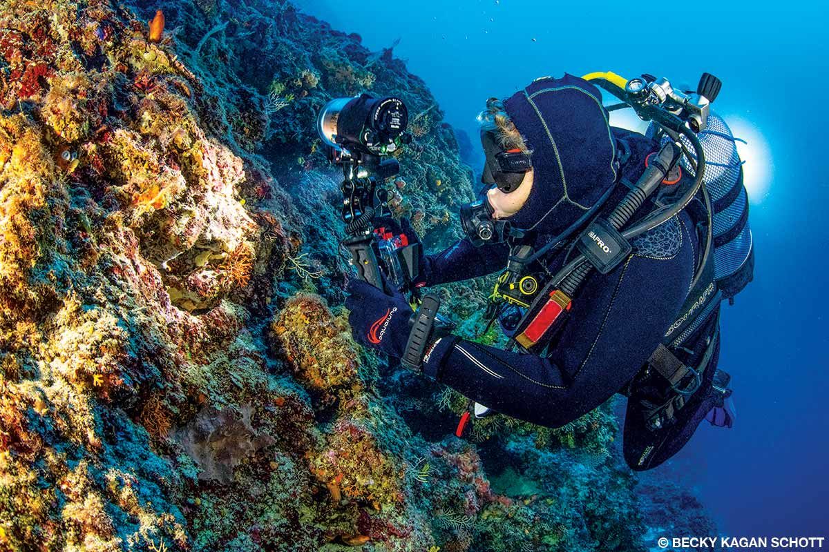 A diver wears tropical-weight gloves