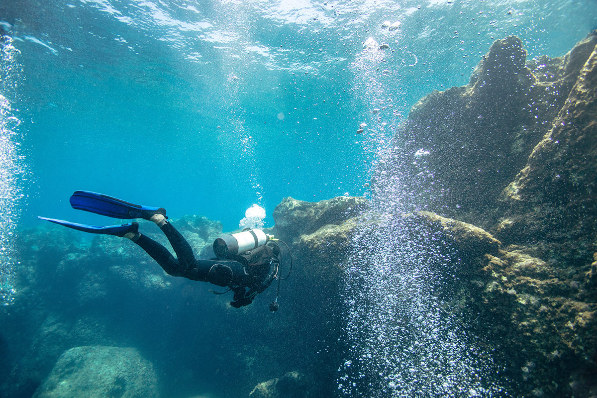 Penyelam scuba menjelajahi terumbu karang