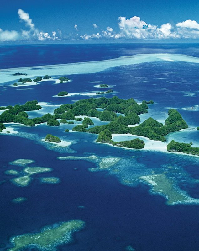 An aerial view of Palau’s famed Rock Islands.