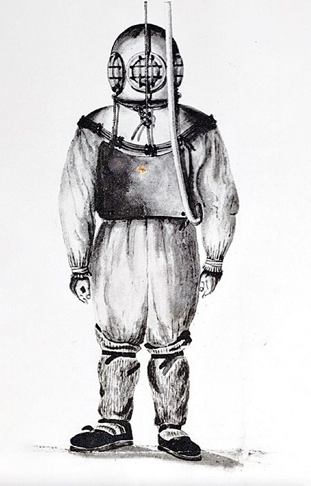 Colonel Charles Pasley included this illustration of Augustus Siebe’s helmet and dress in his 1840 report on clearing the wreck of the HMS Royal George.