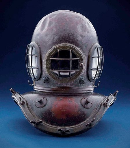 An original Augustus Siebe helmet, a design that launched commercial diving.