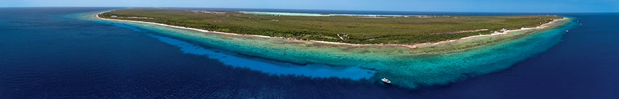This drone panorama shows Little Cayman’s Jackson Bight to the left and Bloody Bay Wall on the right.