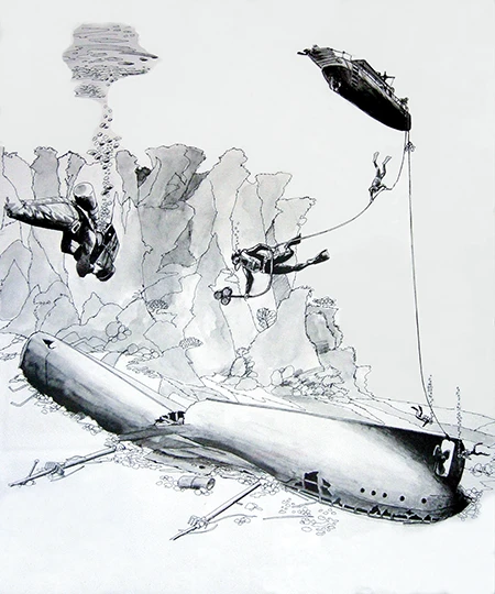 Artist Shlomo Cohen provided this illustration of the BBC film project documenting the earliest dives following the discovery of the Dunraven.
