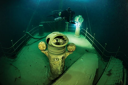 The binnacle and search light of the luxury yacht Gunilda.