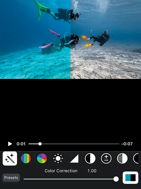 Lookup tables or color correction tools can make your footage look bold, bright, and toned for how your eye sees things underwater.