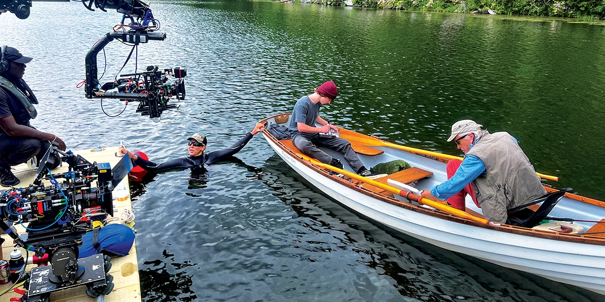 The crew preps a boat fefore shooting a close-up of Michael Douglas.