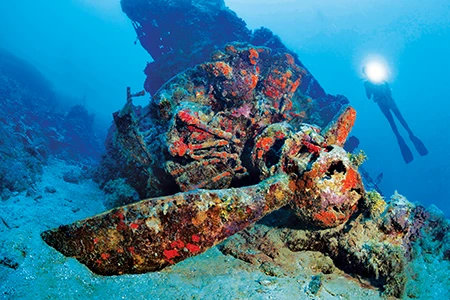 Diver with wreck of a World War II “Val” bomber