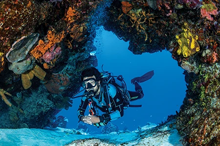 Our dive guide carefully fins through one of the many swim-throughs that lace the reefs.