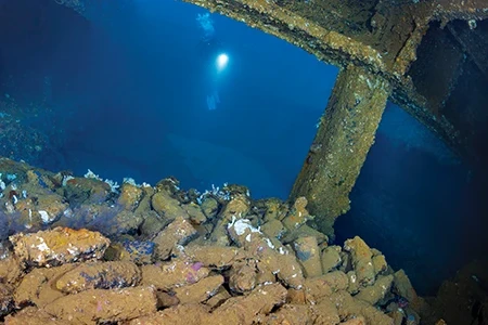 Large ammunition shells rest in the cargo hold of the Nippo Maru.