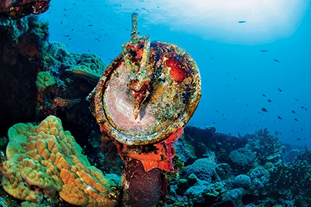 An order telegraph rests on the bow of the Japanese cargo ship Fujikawa Maru.